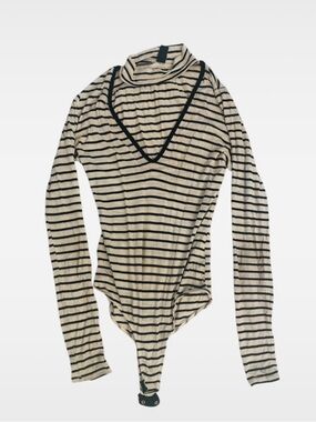 Striped Long Sleeve Turtleneck Bodysuit in Cream & Black